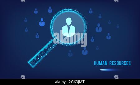 Human resources, data mining, HR management concept. Human resources pool. Polygonal magnifying glass and people icons Stock Vector