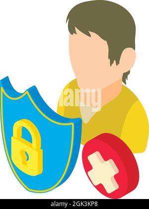 Unprotected privacy icon isometric vector. Man, shield, lock and cross sign. Protection of personal information, internet technology Stock Vector