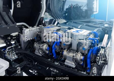 Fuel cell hydrogen truck engine. Eco-friendly commercial vehicle Stock Photo