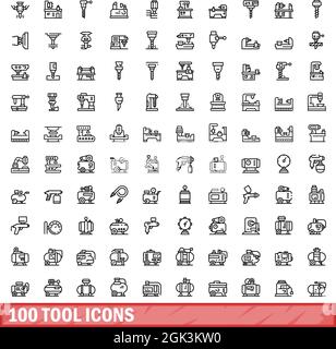 100 tool icons set. Outline illustration of 100 tool icons vector set isolated on white background Stock Vector