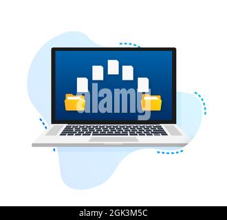 File transfer. laptops with folders on screen and transferred documents. Copy files, data exchange, backup. Vector illustration. Stock Vector