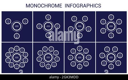 Monochrome infographic. Dark blue and white color. Set of universal templates for infographics. Stock Vector