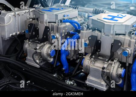 Fuel cell hydrogen truck engine. Eco-friendly commercial vehicle Stock Photo