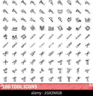 100 tool icons set. Outline illustration of 100 tool icons vector set isolated on white background Stock Vector