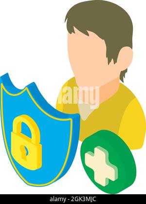Privacy protection icon isometric vector. Man, shield, lock and plus sign. Protection of personal information, internet technology Stock Vector