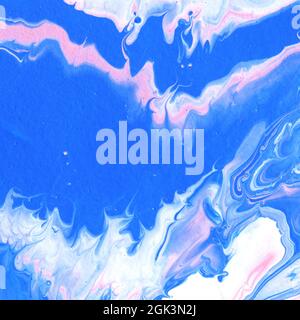 Acrylic texture made in liquid pour technique. Background in pink, white and blue colors. Stock Photo