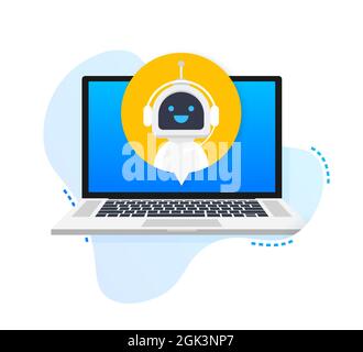 Chat Bot Using Laptop Computer, Robot Virtual Assistance Of Website Or Mobile Applications. Voice support service bot. Online support bot. Vector Stock Vector