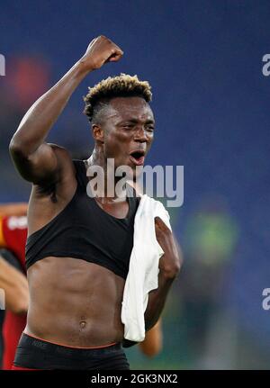 Rome, Italy. 12th Sep, 2021. Tammy Abraham, of AS Roma, celebrates at the end of the Serie A soccer match between Roma and Sassuolo at the Olympic Stadium. Roma won 2-1. Credit: Stefano Massimo/Alamy Live News Stock Photo