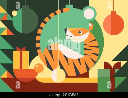Year of the Tiger banner. Holiday postcard design in flat style. Stock Vector