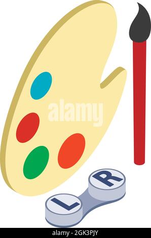 Multicolored lenses icon isometric vector. Lens container and paint palette. Decorative contact lenses, ophthalmic accessory Stock Vector