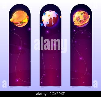 Funny bookmarks with food planets in outer space. Vector vertical banners with cartoon illustration of fantasy galaxy with spheres with pizza, burger and donut texture Stock Vector