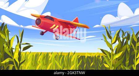 Crop duster plane flying over green corn field, farm airplane in blue cloudy sky. Agricultural cropduster machine spraying pesticides on meadow, farming aircraft, aviation, Cartoon vector illustration Stock Vector