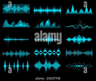 HUD sound music equalizer, audio waves. Iinterface elements, vector voice frequency waveform. HUD sound wave or radio signal digital waveform, music v Stock Vector