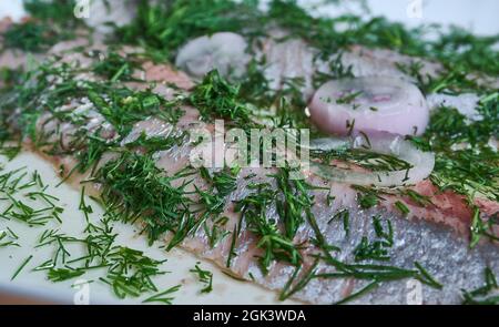 Acciughe al verde - anchovies with green sauce  from Piedmont. Stock Photo