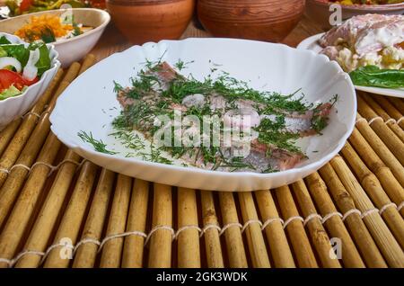 Acciughe al verde - anchovies with green sauce  from Piedmont. Stock Photo