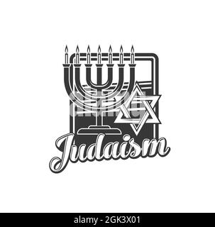 Judaism religion vector icon with Jewish menorah and Star of David religious symbol. Ancient Hebrew lampstand with burning candles and Magen David iso Stock Vector