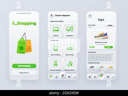 Neomorphic goods shopping and order application interface. Mobile app screens with buttons, internet store web design vector mockup with purchase cate Stock Vector