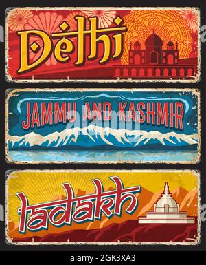 Jammu and Kashmir Indian state retro travel plate, vintage banner ...