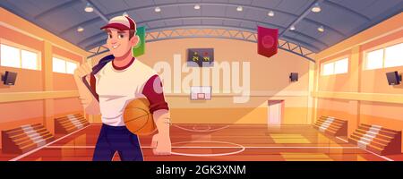 Basketball court with player, tribune, basket and scoreboard on wall. Vector cartoon illustration of man with ball, professional sportsman in gym with sport ground and hoop Stock Vector