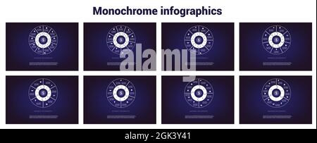 Business infographics. Area chart,ring chart, pie chart.  Vector monochrome templates 3, 4, 5, 6, 7, 8, 9, 10 positions for text area, possible to use Stock Vector