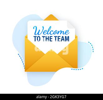 Icon with welcome team for banner design. Business communication vector banner. Cartoon font. Stock Vector