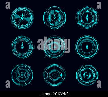 HUD compass or aim control panel of futuristic navigation interface. Vector ui of Sci Fi game with digital compass or viewfinder displays, neon glowin Stock Vector