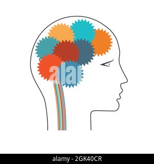 Gears in the head of a man.  Data analysis concept and concepts of modern technologies such as nanotechnology, neural networks, machine learning. Whit Stock Vector
