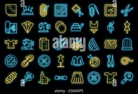 Haberdashery icons set. Outline set of haberdashery vector icons neon color on black Stock Vector