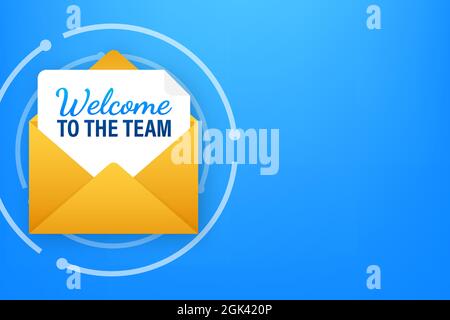 Icon with welcome team for banner design. Business communication vector banner. Cartoon font. Stock Vector