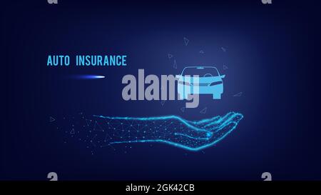 Concept auto insurance. Car in the palm of your hand from triangles and luminous points on dark blue background. Polygonal illustration. Stock Vector