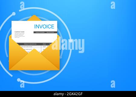 Invoice icon vector. Email message received with bill document, flat style open envelope with invoice paper blank. Stock Vector