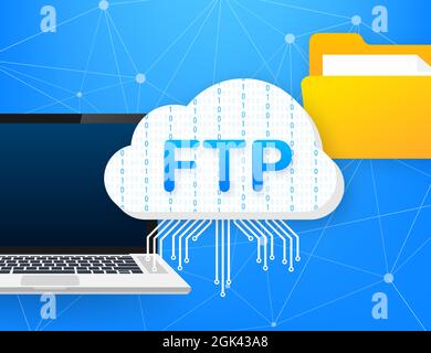 FTP file transfer icon on laptop. FTP technology icon. Transfer data to server. Vector illustration. Stock Vector
