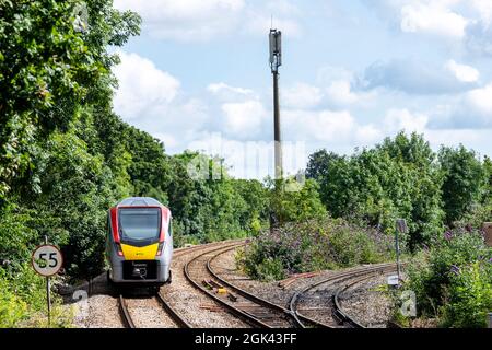 GreaterAnglia passenger train running on the East Suffolk branch line, Westerfield, Suffolk. Stock Photo