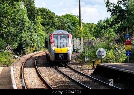 GreaterAnglia passenger train running on the East Suffolk branch line, Westerfield, Suffolk. Stock Photo