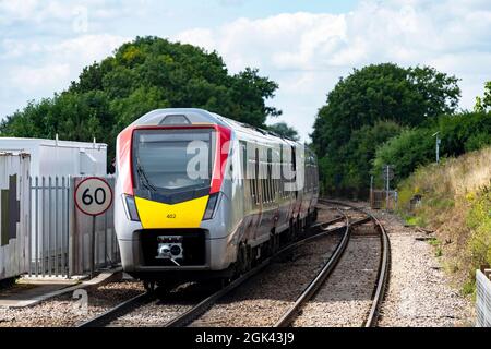 GreaterAnglia passenger train running on the East Suffolk branch line, Westerfield, Suffolk. Stock Photo