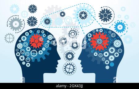 The concept of mutual understanding and teamwork to achieve goals. Gears and silhouettes of human heads. Stock Vector