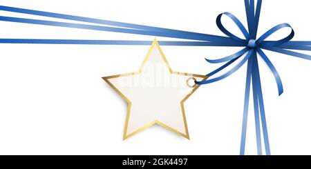 EPS 10 vector illustration of blue colored ribbon bow and gift band with shape of a golden star pendant for christmas greetings isolated on white back Stock Vector