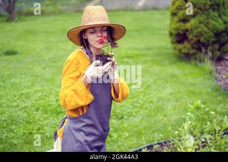 A young woman gardener is holding a petunia flower in a peat pot Stock Photo