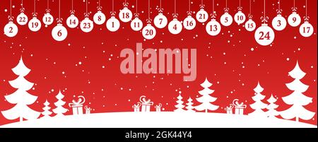 hanging christmas balls colored white with numbers 1 to 24 showing advent calendar for xmas and winter time concepts with wintry fir tree background a Stock Vector