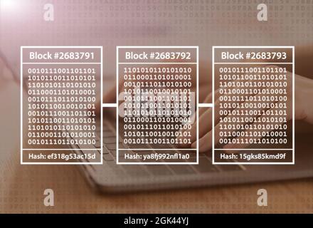 Businesswoman programmer typing with software computer on keyboard, double exposure with blocks, binary code Stock Photo