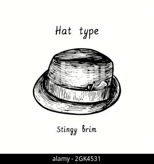 Hat type, stingy brim. Ink black and white drawing outline illustration Stock Photo