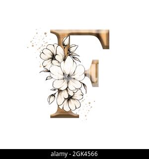 Graphic floral alphabet, gold letter D with vintage flowers bouquet  composition, unique monogram initial perfect for wedding invitations,  greetings Stock Photo - Alamy