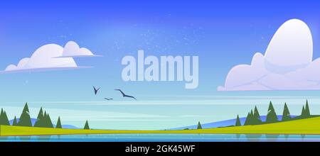 Summer nature landscape, scenery valley with lake, mountains, green field and conifers trees. Pond and spruces under blue sky with fluffy clouds and flying birds, cartoon parallax vector background Stock Vector