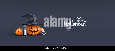 Halloween Pumpkins greeting card on black background 3D Render 3D illustration Stock Photo