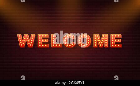 Retro light text welcome. Retro light bulb. Vector stock illustration. Stock Vector