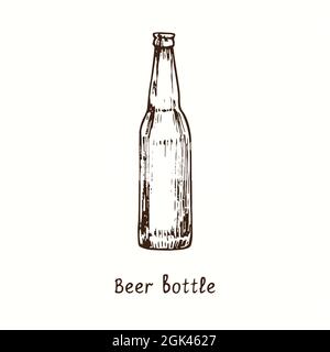 Beer bottle retro vintage style. Ink black and white doodle drawing in woodcut style. Stock Photo