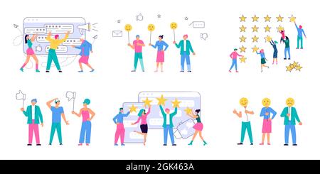 Set of people choosing satisfaction rating and leaving positive review concept. Feedback consumer, customer evaluation. Flat Art Vector Illustration Stock Vector