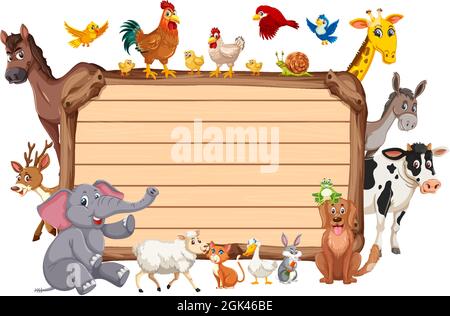 Empty wooden board with various wild animals in the forest illustration ...