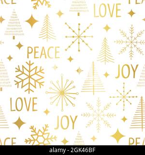 Gold foil metallic Christmas trees on white seamless vector pattern ...