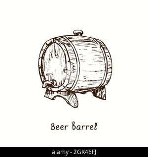 Beer barrel side view with tap. Ink black and white doodle drawing in woodcut style. Stock Photo